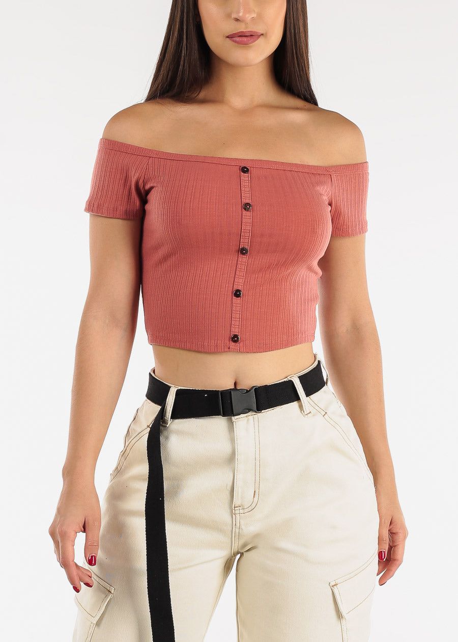 Off Shoulder Crop Top Rust w Buttons sold by Moda