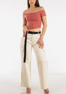 Off Shoulder Crop Top Rust w Buttons sold by Moda