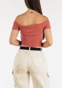 Off Shoulder Crop Top Rust w Buttons sold by Moda