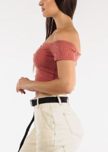 Off Shoulder Crop Top Rust w Buttons sold by Moda