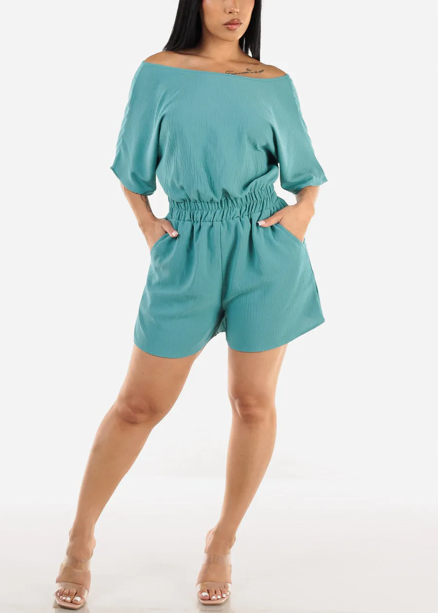 Off Shoulder Spandex Waist Romper Teal sold by Moda product image thumbnail 2