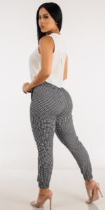 Drawstring Waist Black Printed Jogger Pants with Sleeveless Vneck White Blouse sold by Moda