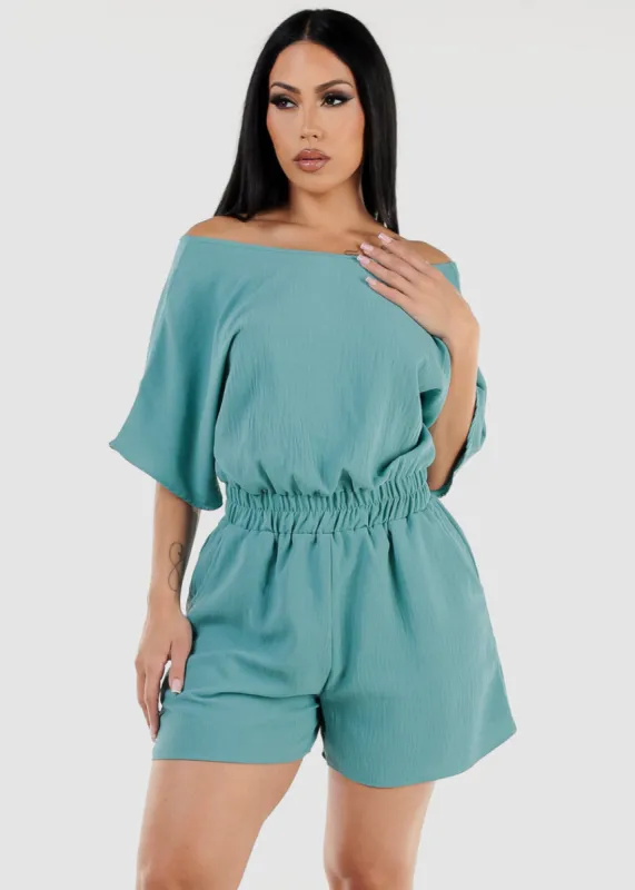 Off Shoulder Spandex Waist Romper Teal sold by Moda