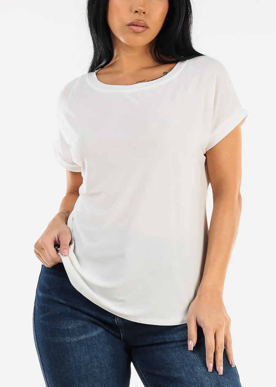 Short Sleeve Round Neck Slinky Blouse Ivory sold by Moda