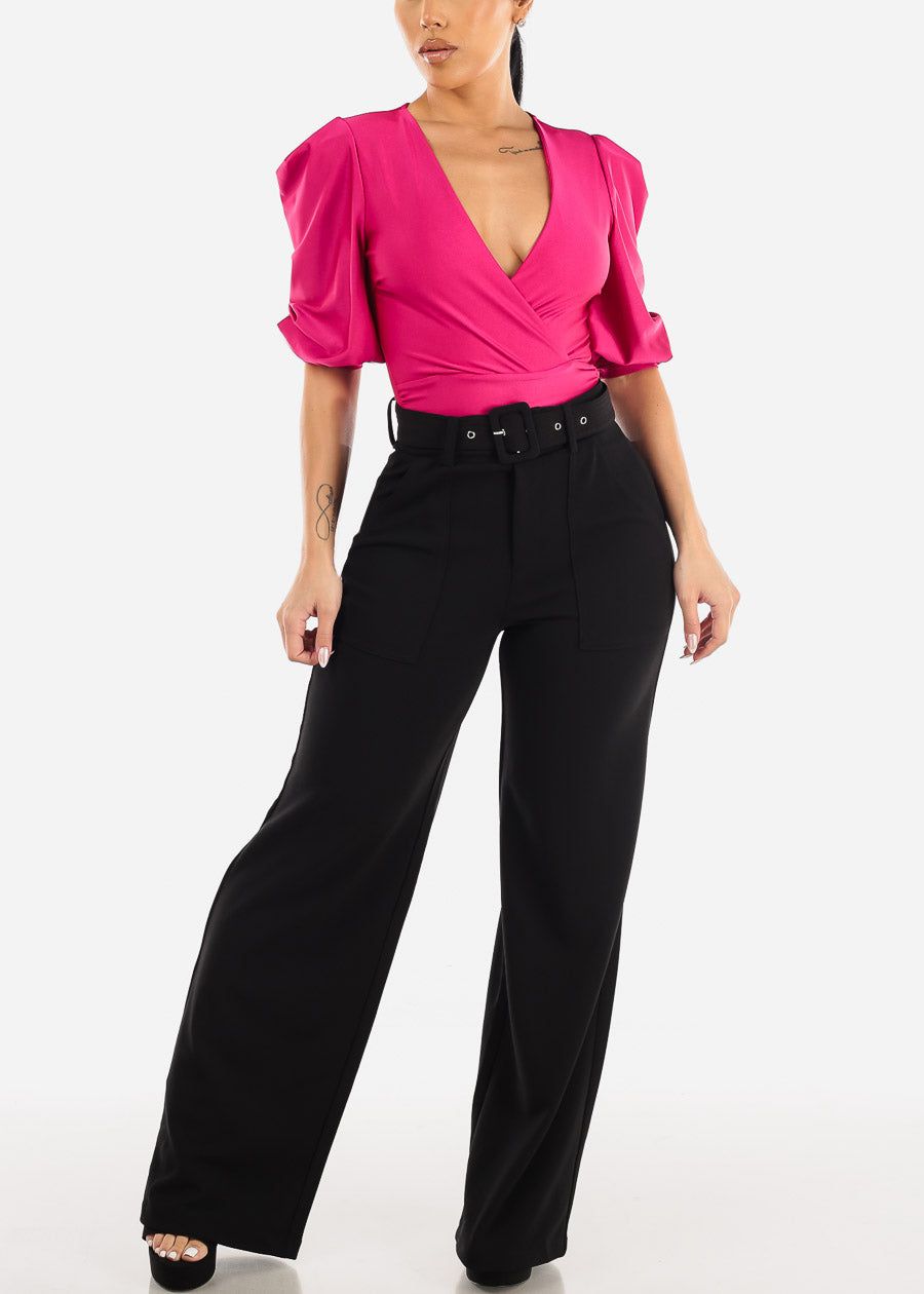 Quarter Sleeve Surplice Satin Thong Bodysuit Fuchsia sold by Moda product image thumbnail 5