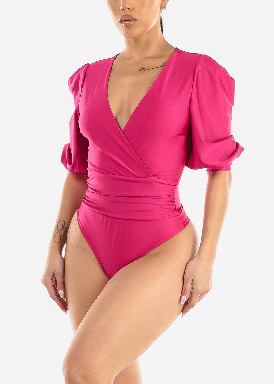 Quarter Sleeve Surplice Satin Thong Bodysuit Fuchsia sold by Moda