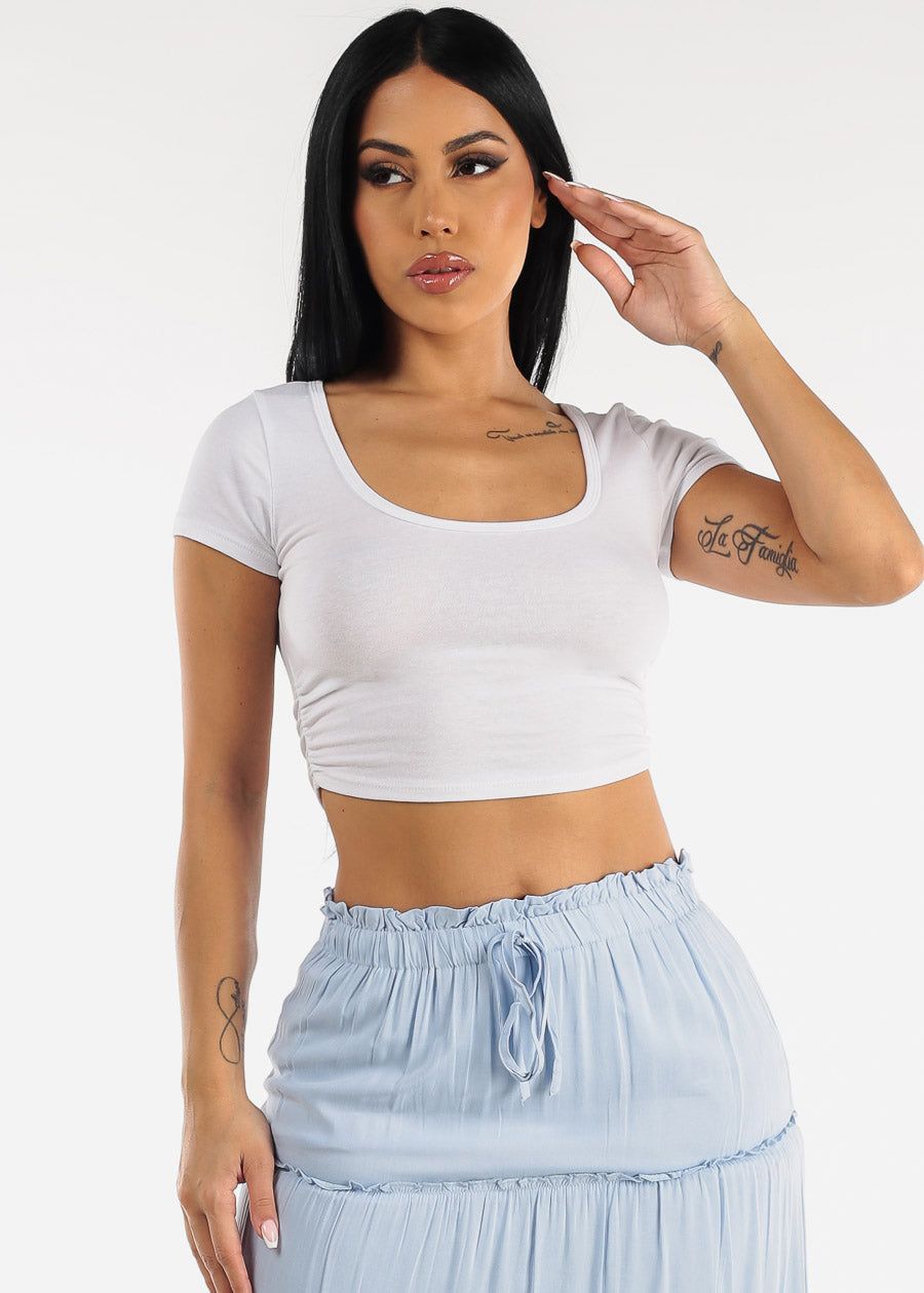 White Short Sleeve Ruched Sides Crop Top sold by Moda