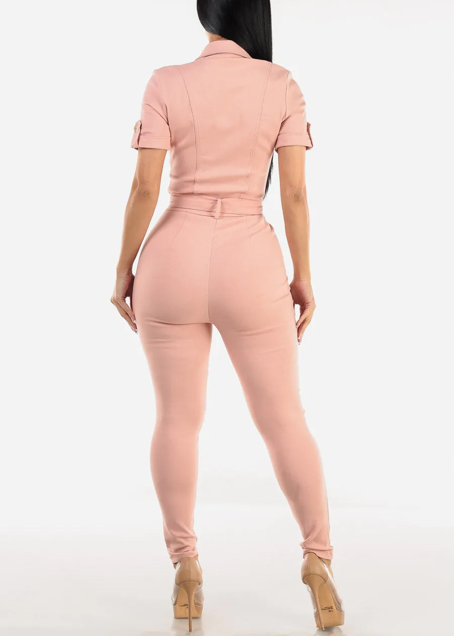 Short Sleeve Button Up Collared Jumpsuit Blush sold by Moda product image thumbnail 3
