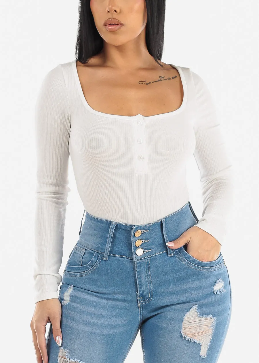 White Long Sleeve Rib-Knit Thong Bodysuit sold by Moda product image thumbnail 5