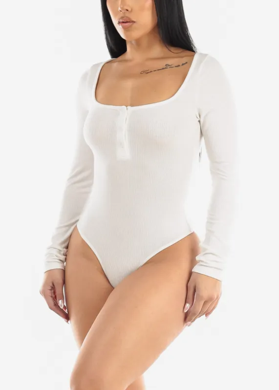 White Long Sleeve Rib-Knit Thong Bodysuit sold by Moda