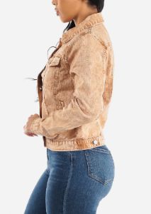 Long Sleeve Button Up Acid Wash Denim Jacket Khaki sold by Moda