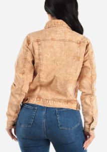 Long Sleeve Button Up Acid Wash Denim Jacket Khaki sold by Moda