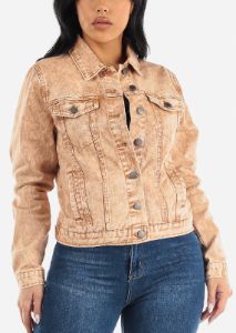 Long Sleeve Button Up Acid Wash Denim Jacket Khaki sold by Moda