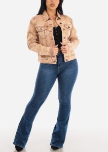 Long Sleeve Button Up Acid Wash Denim Jacket Khaki sold by Moda