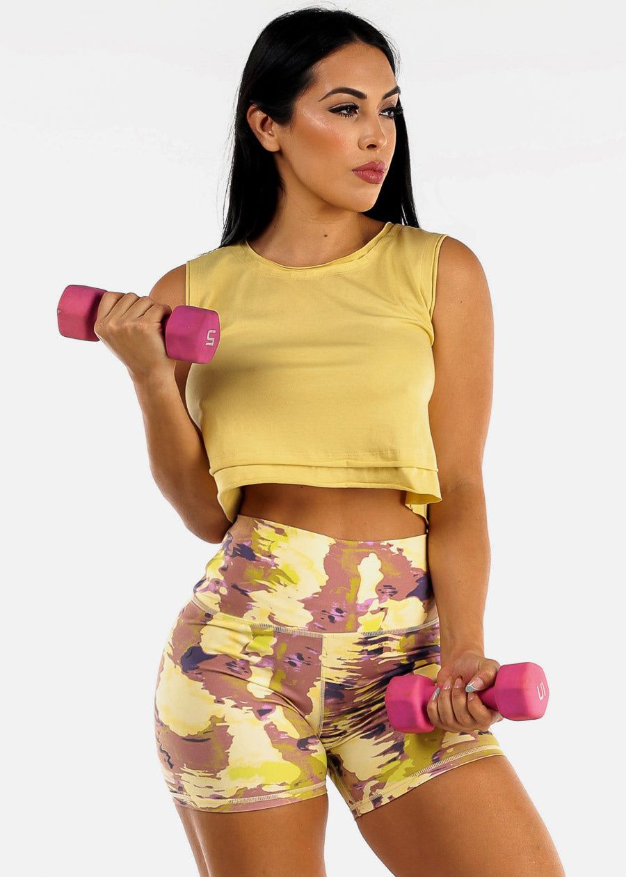 Yellow Sleeveless Cropped Double Layered Edge Tank Top sold by Moda