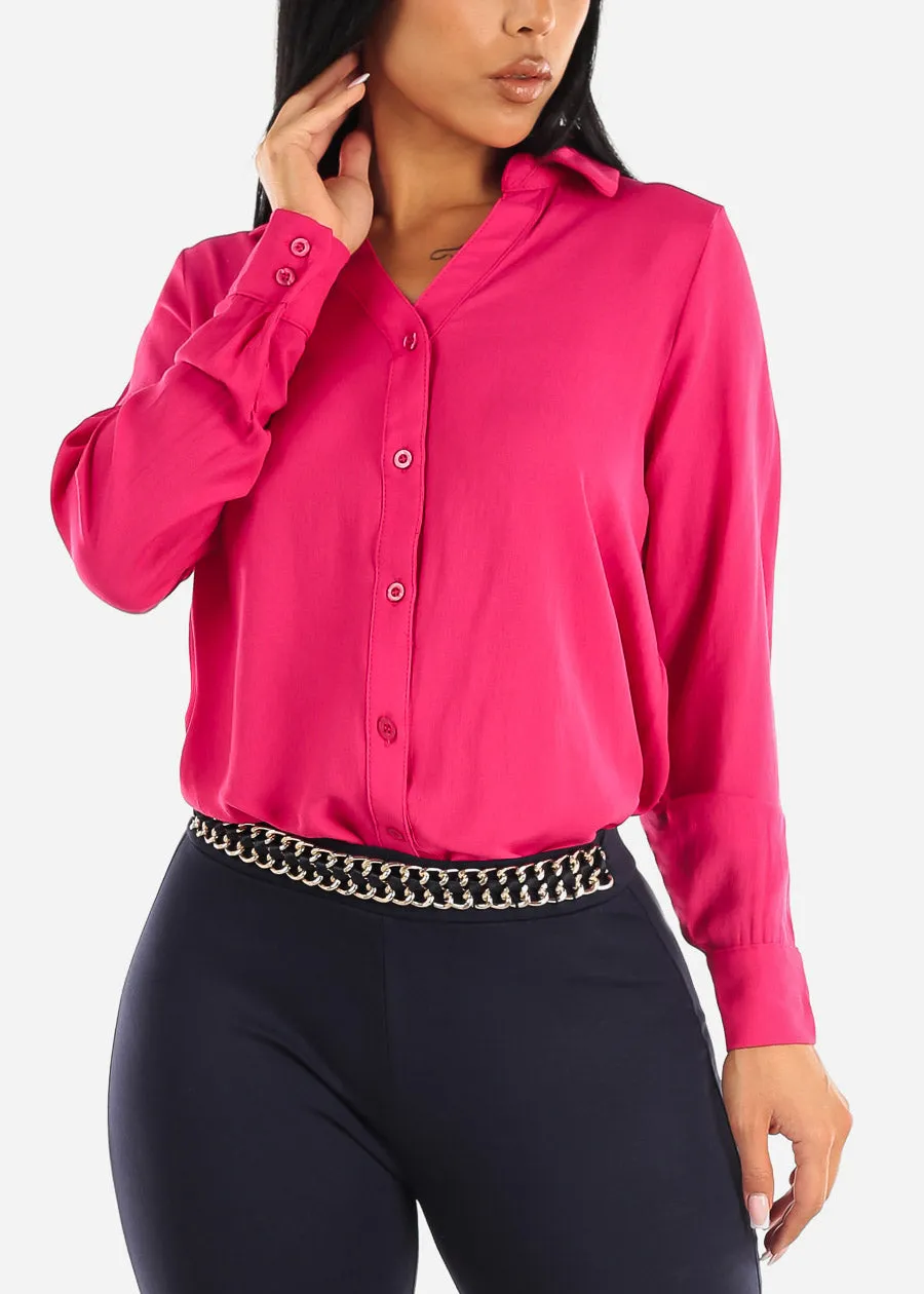 Long Sleeve Button Down Collared Blouse Fuschia sold by Moda