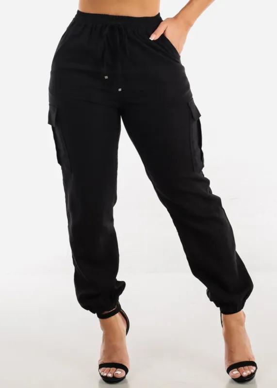 Black Drawstring Waist Linen Cargo Joggers sold by Moda