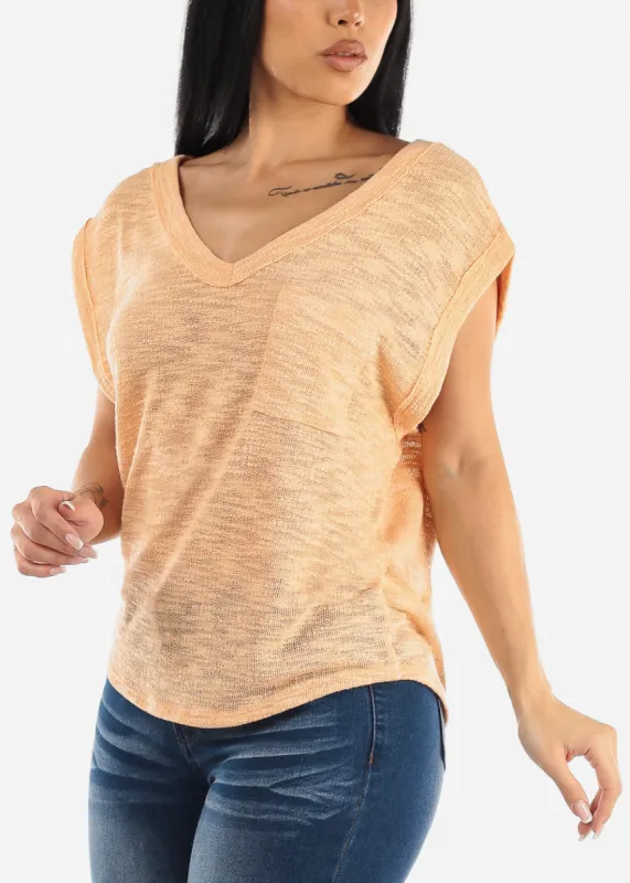 Short Sleeve Vneck Soft Knit Top Peach sold by Moda