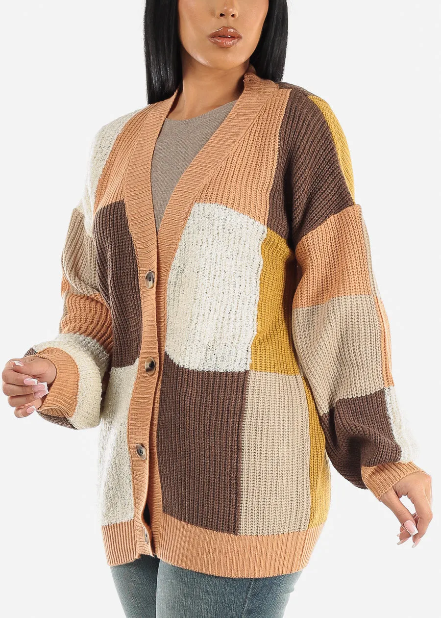 Long Sleeve Button Up Knitted Maxi Cardigan Colorblock sold by Moda