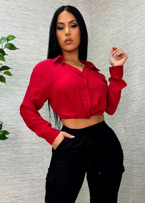 Long Sleeve Red Button Up Shirt w Twisted Front sold by Moda