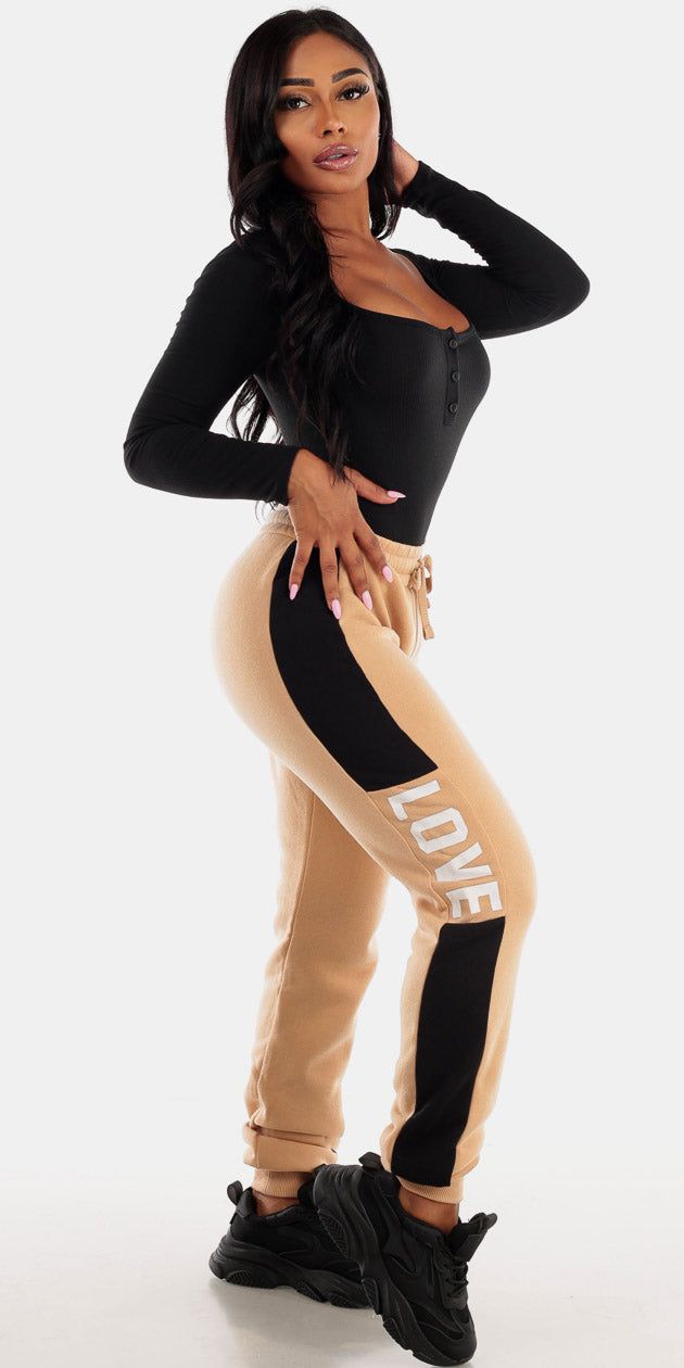 Khaki Fleece Jogger Sweatpants with Square Neck Black Long Sleeve Bodysuit sold by Moda