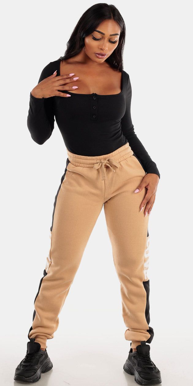 Khaki Fleece Jogger Sweatpants with Square Neck Black Long Sleeve Bodysuit sold by Moda product image thumbnail 2