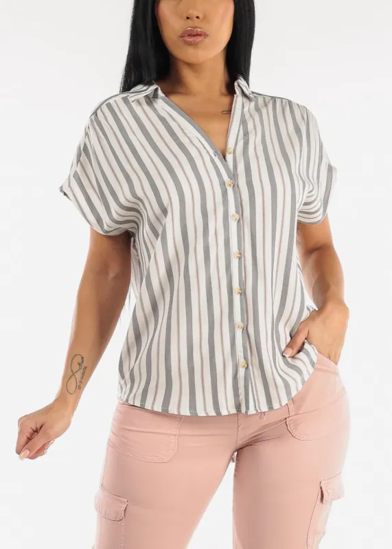 Button Down Cap Sleeve Stripe Tunic Blouse sold by Moda