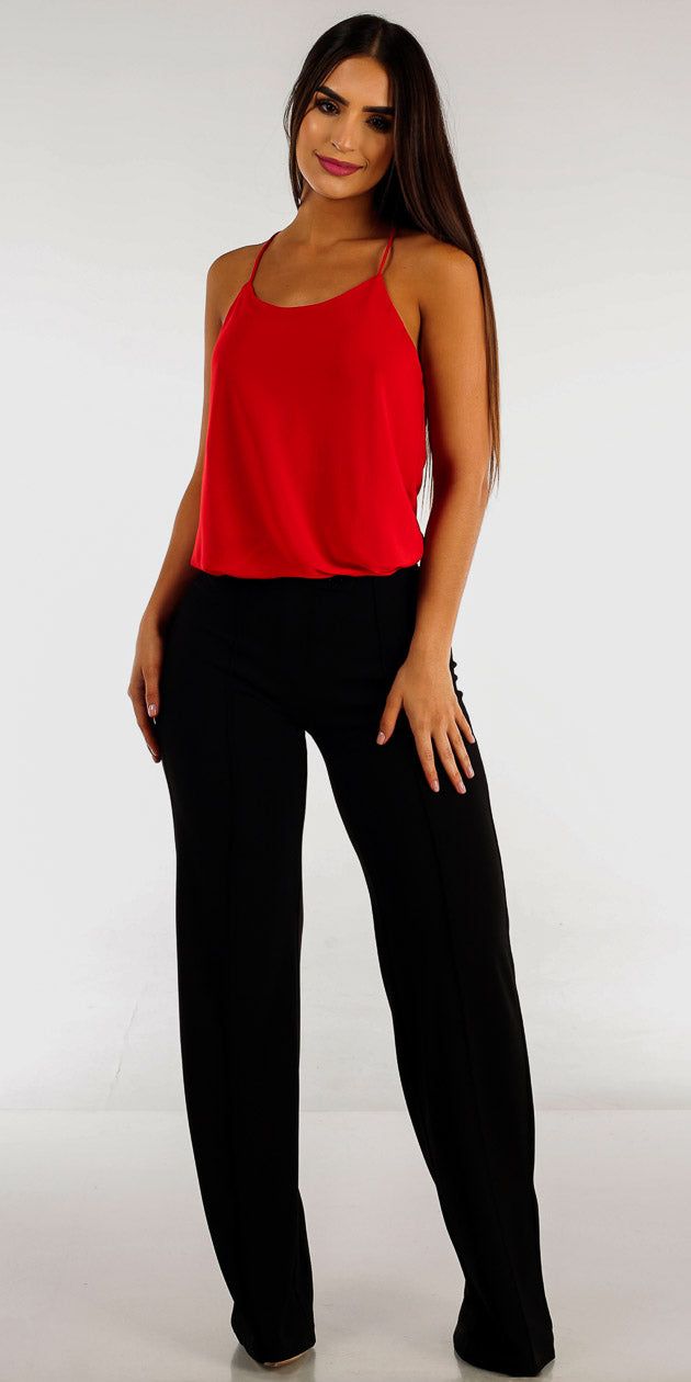 Black High Waist Wide Legged Dress Pants with Red Sleeveless Chiffon Cami Top sold by Moda