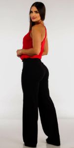 Black High Waist Wide Legged Dress Pants with Red Sleeveless Chiffon Cami Top sold by Moda