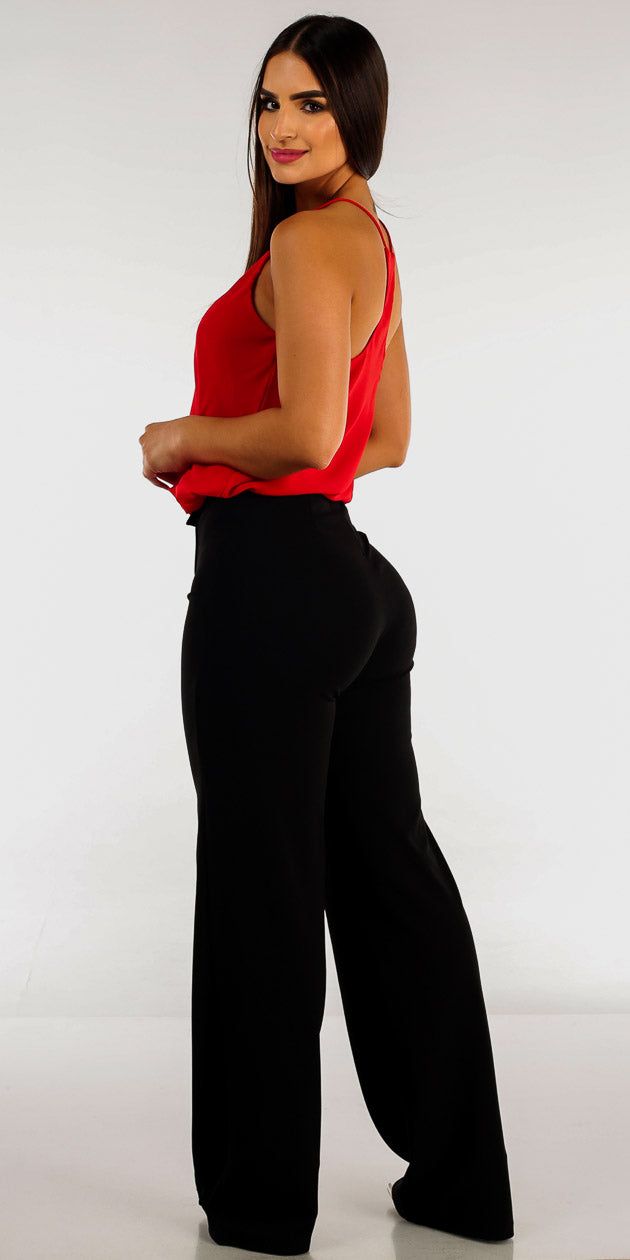 Black High Waist Wide Legged Dress Pants with Red Sleeveless Chiffon Cami Top sold by Moda product image thumbnail 2