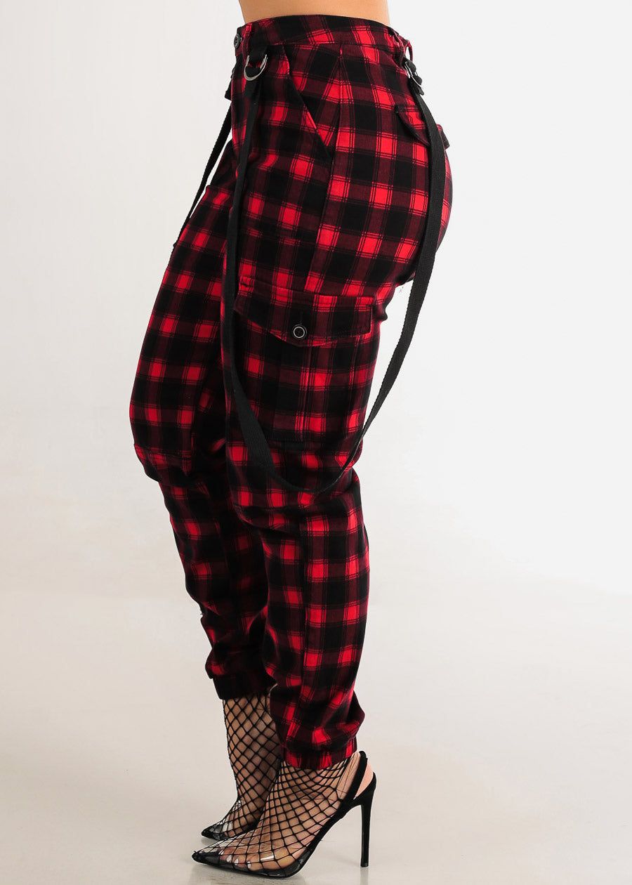 High Waist Red Plaid Cargo Jogger Pants w Straps sold by Moda product image thumbnail 3
