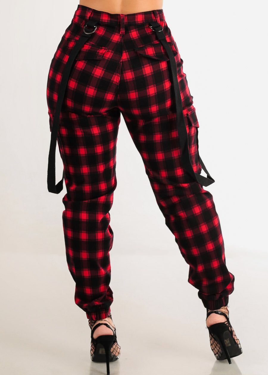 High Waist Red Plaid Cargo Jogger Pants w Straps sold by Moda product image thumbnail 4