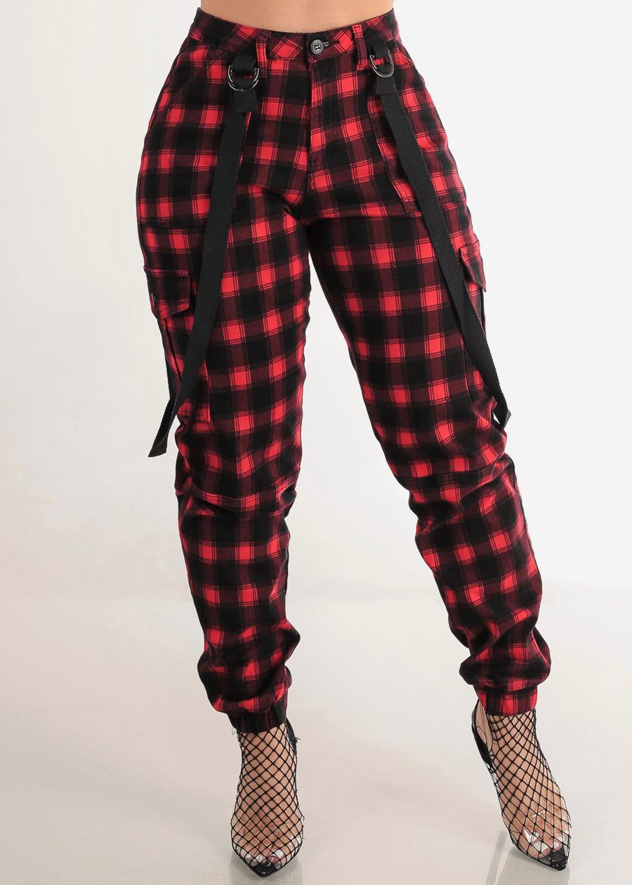 High Waist Red Plaid Cargo Jogger Pants w Straps sold by Moda