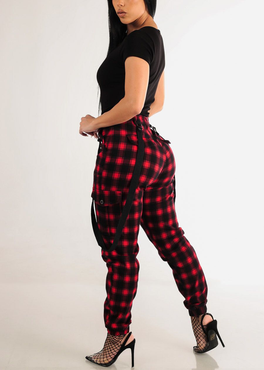 High Waist Red Plaid Cargo Jogger Pants w Straps sold by Moda product image thumbnail 5