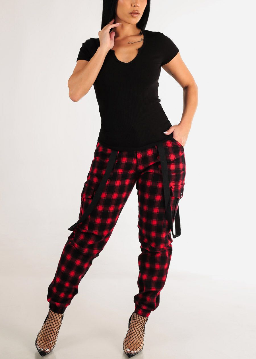 High Waist Red Plaid Cargo Jogger Pants w Straps sold by Moda product image thumbnail 2