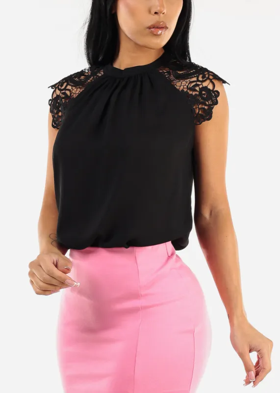 Crochet Sleeve Mock Neck Black Blouse sold by Moda