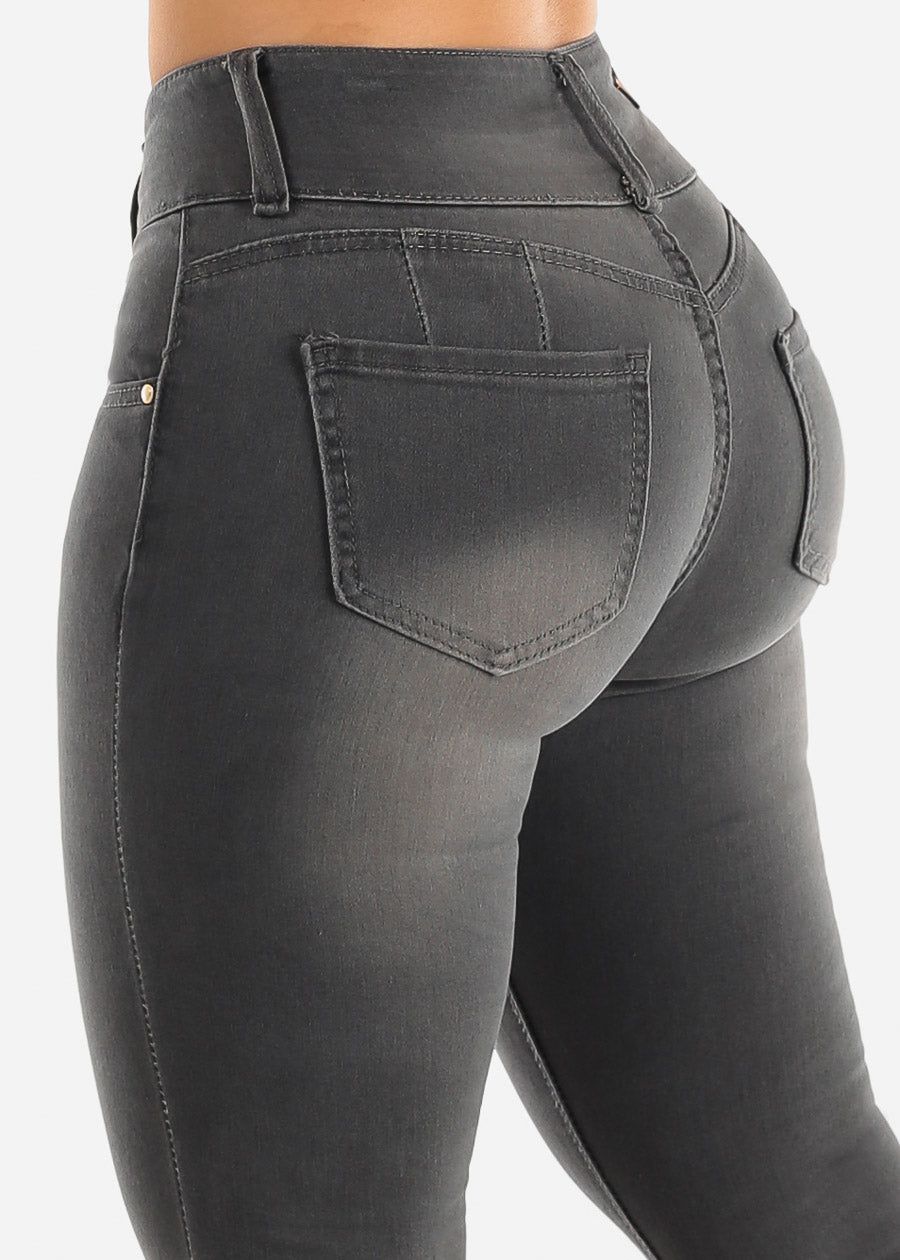 Butt Lifting Mid Rise Dark Grey Skinny Jeans sold by Moda