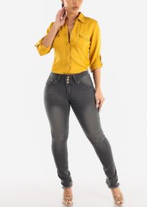 Butt Lifting Mid Rise Dark Grey Skinny Jeans sold by Moda