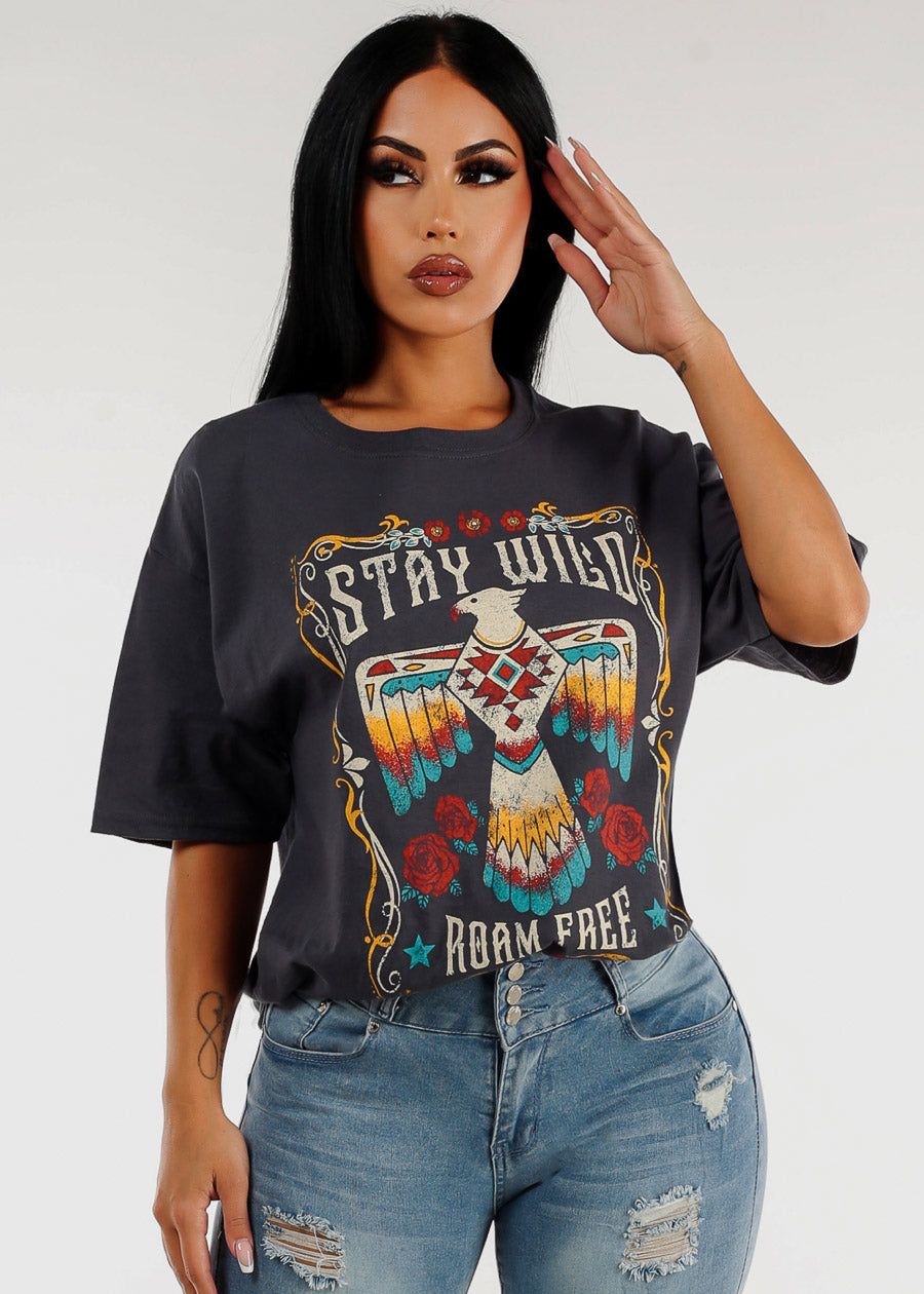 Short Sleeve Stay Wild Oversize Graphic Tee Charcoal sold by Moda
