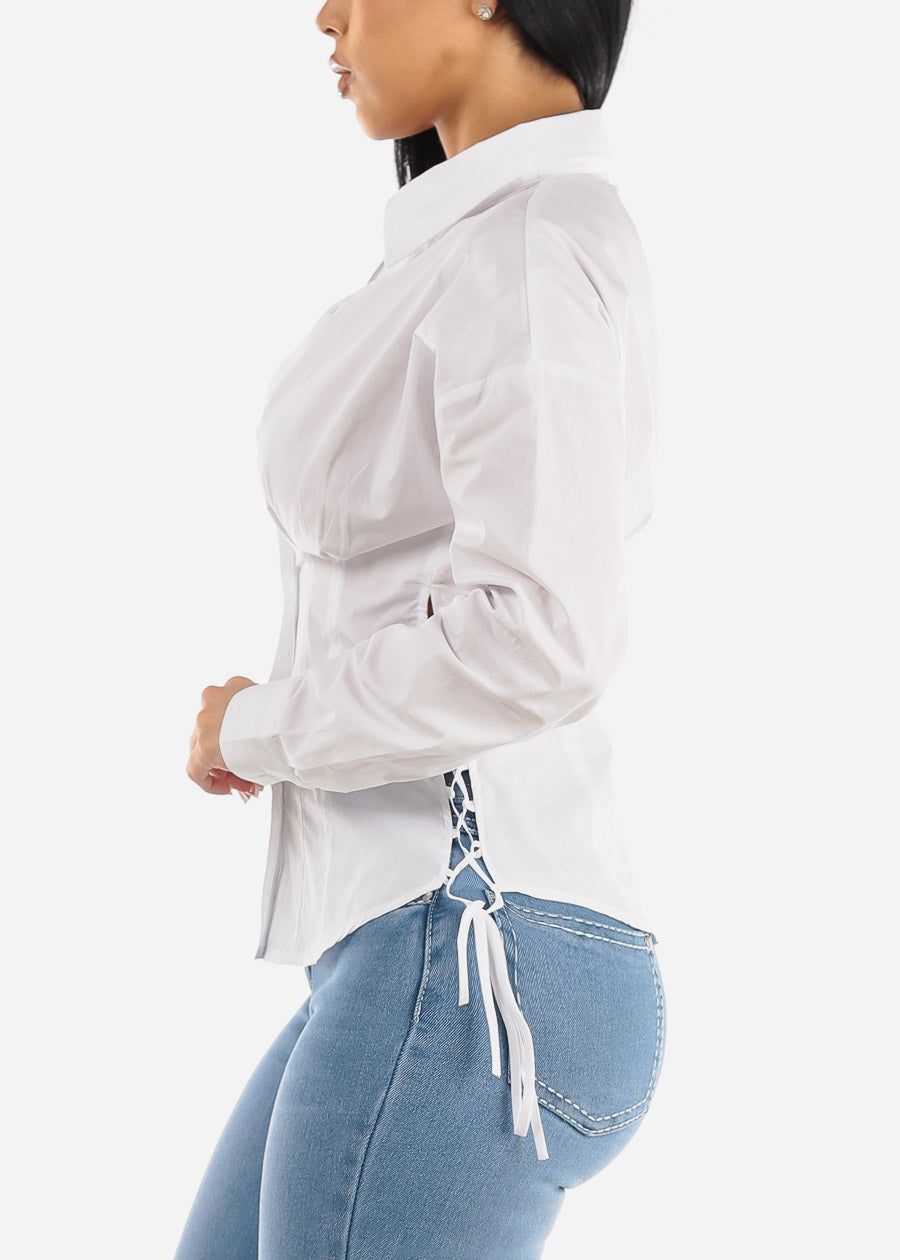 Button Down Long Sleeve White Shirt w Lace Up Sides sold by Moda product image thumbnail 3