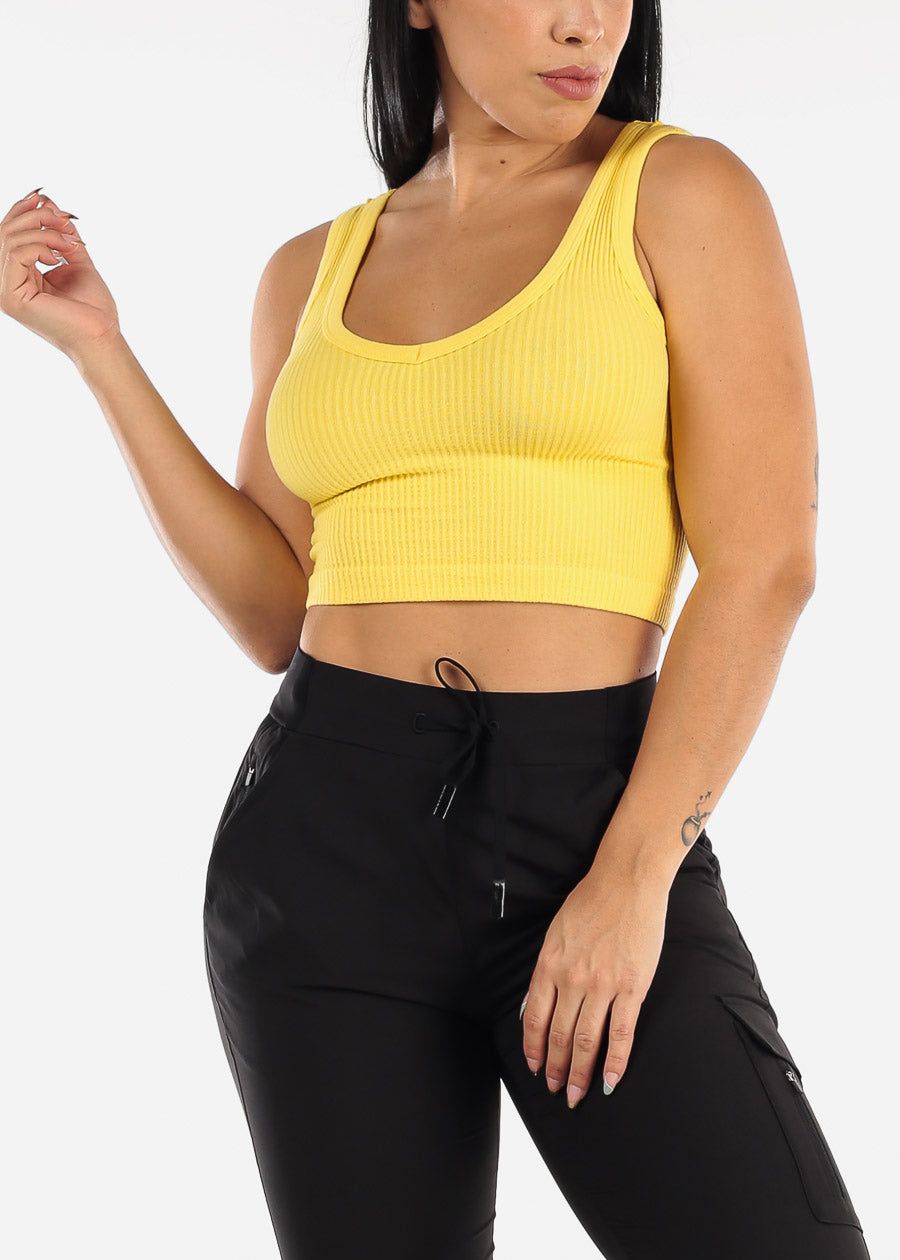MONO B Yellow Ribbed Seamless Cropped Tank Top sold by Moda