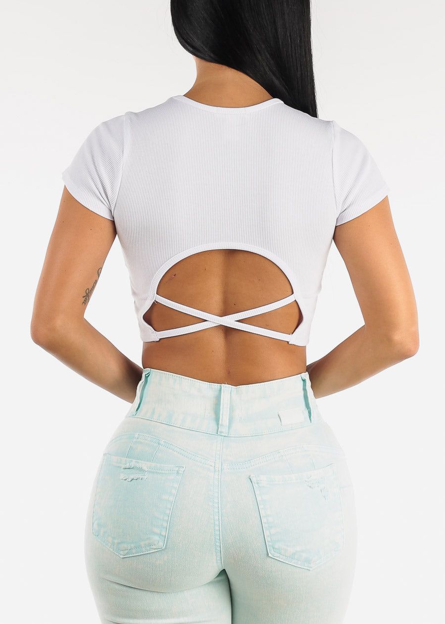 White Cut Out Back Short Sleeve Crewneck Crop Top sold by Moda product image thumbnail 5