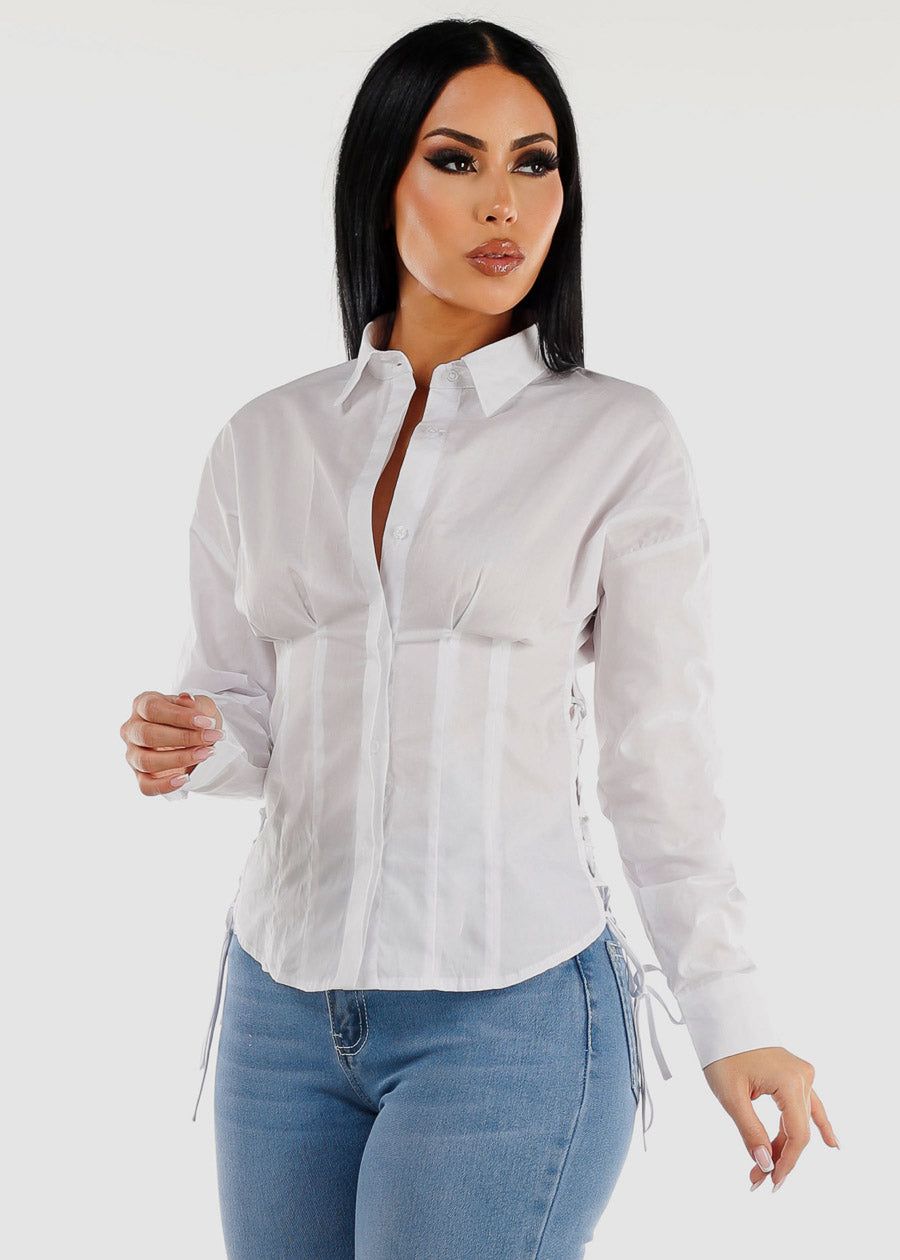 Button Down Long Sleeve White Shirt w Lace Up Sides sold by Moda