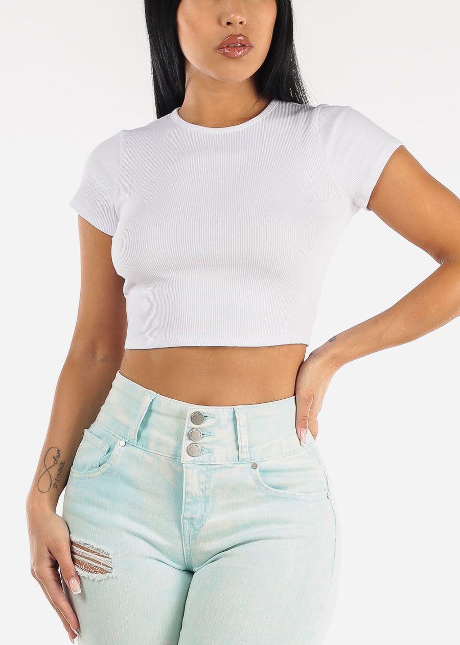 White Cut Out Back Short Sleeve Crewneck Crop Top sold by Moda product image thumbnail 3