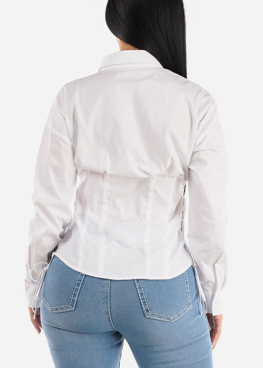 Button Down Long Sleeve White Shirt w Lace Up Sides sold by Moda product image thumbnail 4