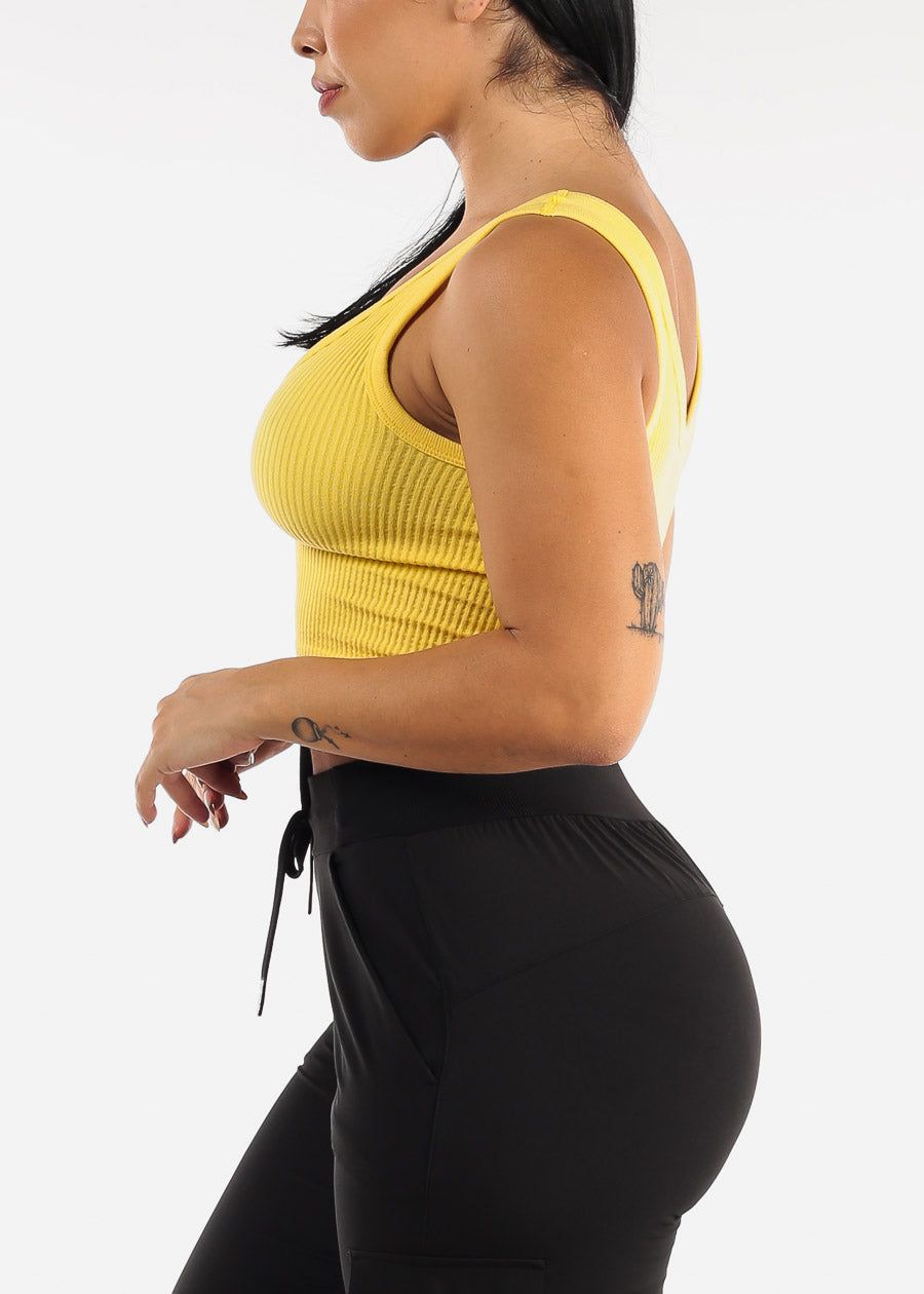 MONO B Yellow Ribbed Seamless Cropped Tank Top sold by Moda product image thumbnail 3