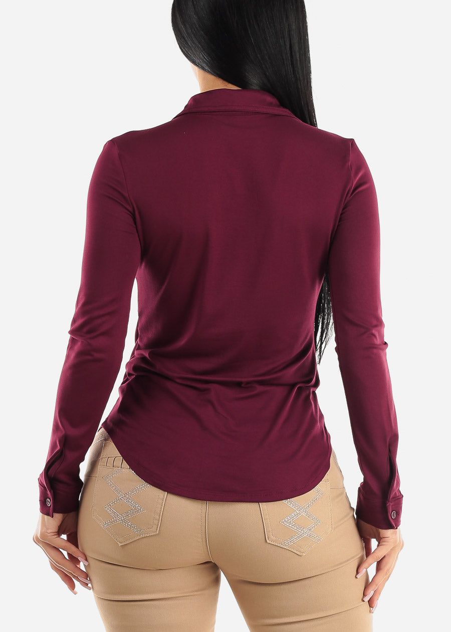 Long Sleeve Button Up Fitted Collared Top Burgundy sold by Moda product image thumbnail 4