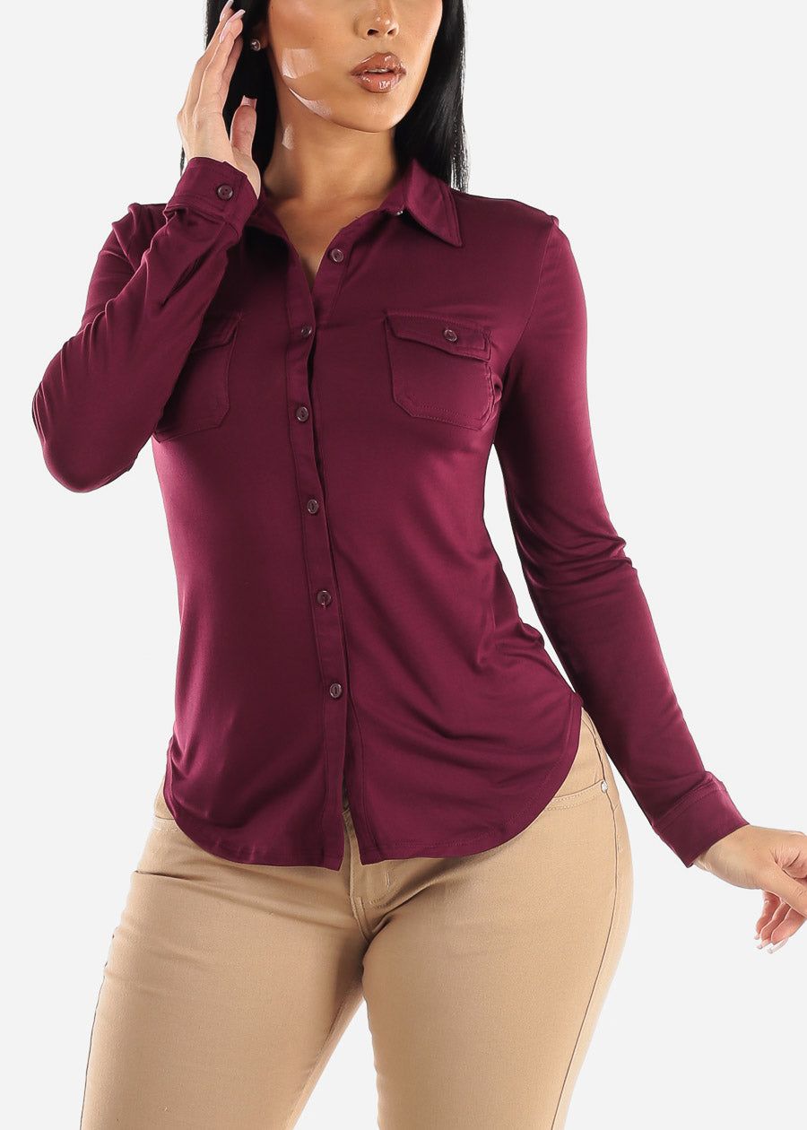 Long Sleeve Button Up Fitted Collared Top Burgundy sold by Moda