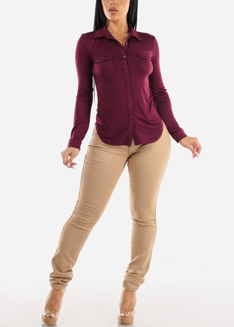 Long Sleeve Button Up Fitted Collared Top Burgundy sold by Moda product image thumbnail 2