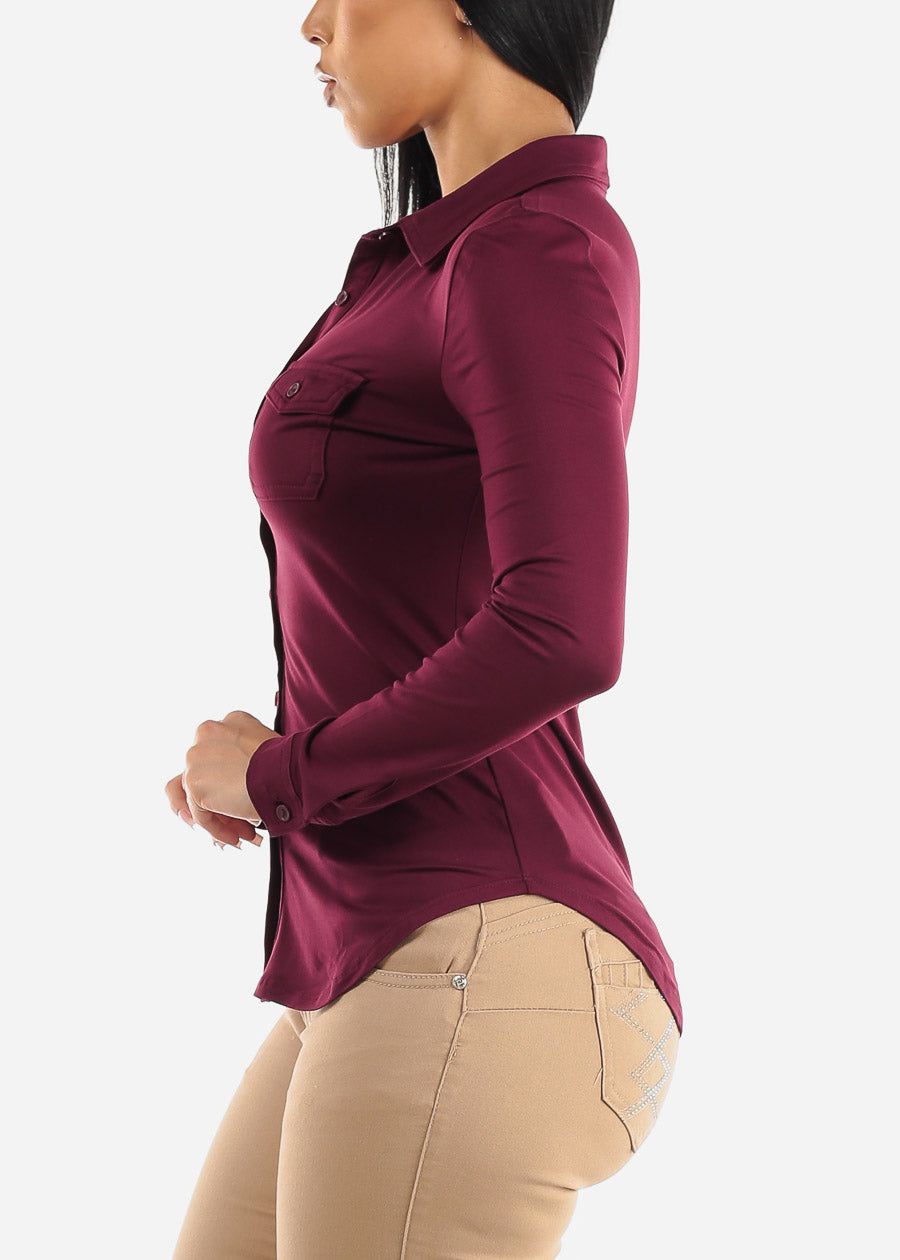 Long Sleeve Button Up Fitted Collared Top Burgundy sold by Moda product image thumbnail 3